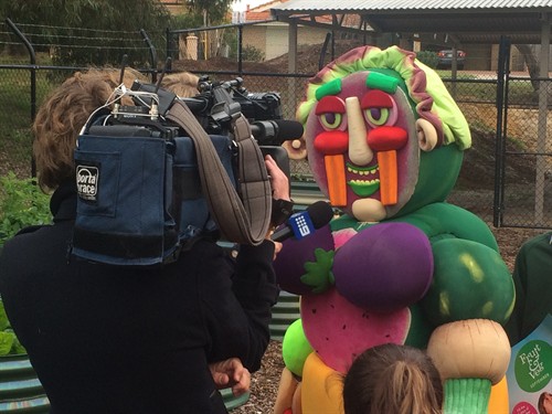 News reporter recording Vegie Man