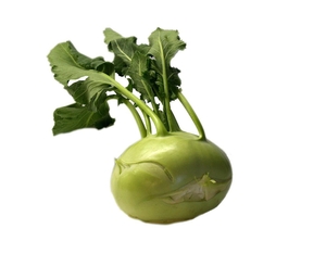 One whole kohl rabi with leaves still attached. 